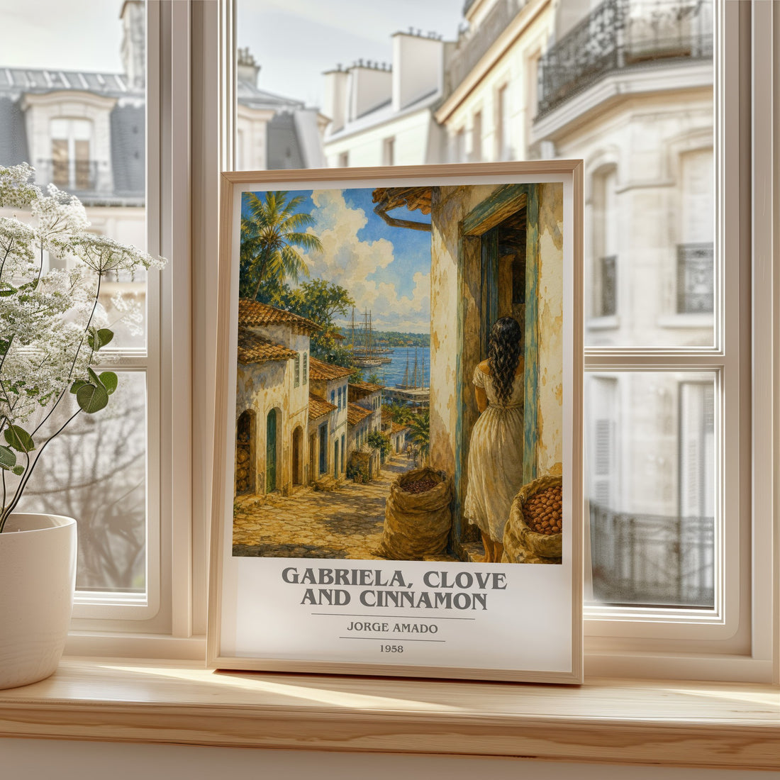 Gabriela, Clove and Cinnamon book cover print in frame leaning in hallway – literary fiction wall art