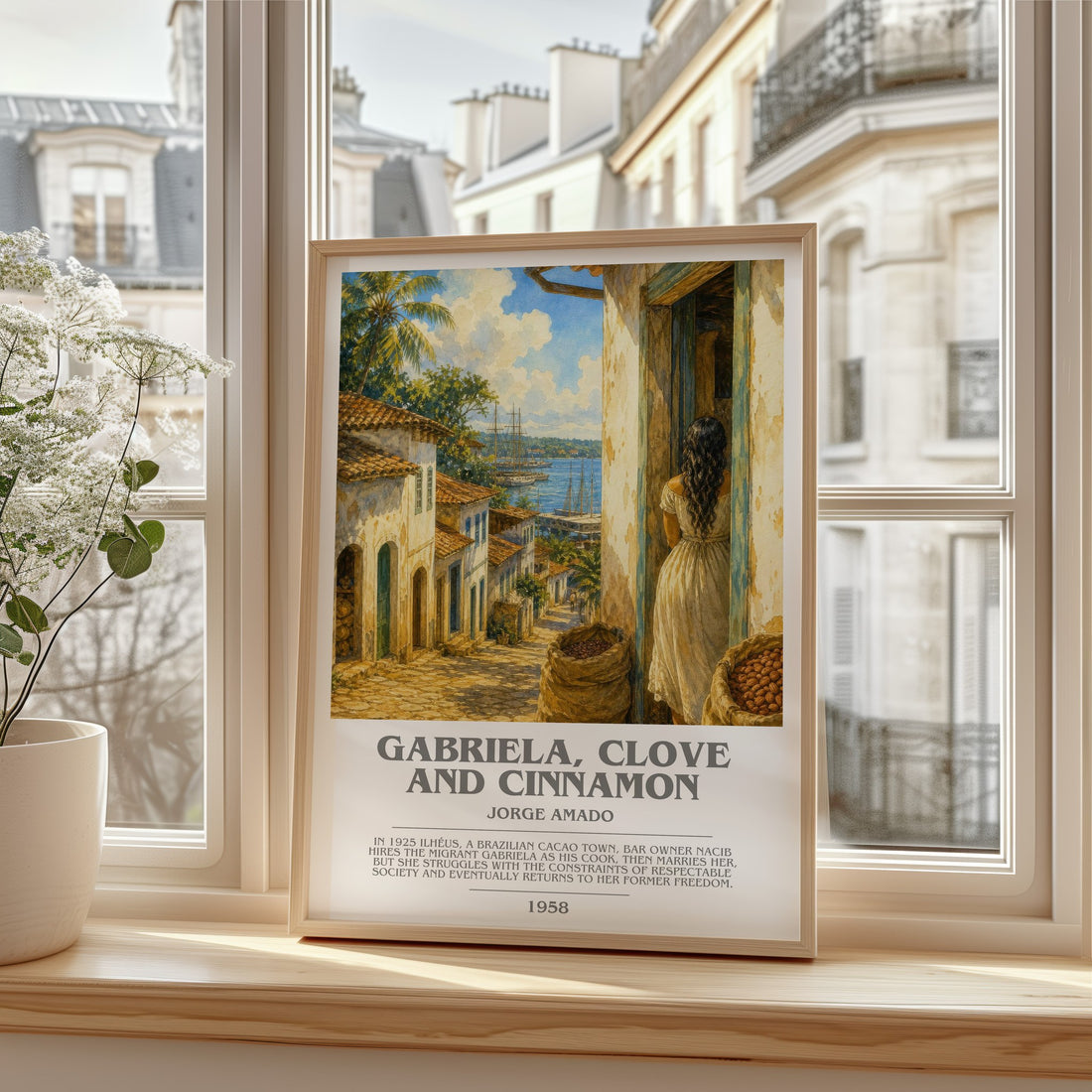 Gabriela, Clove and Cinnamon bookish print in frame leaning in hallway – literary fiction wall art