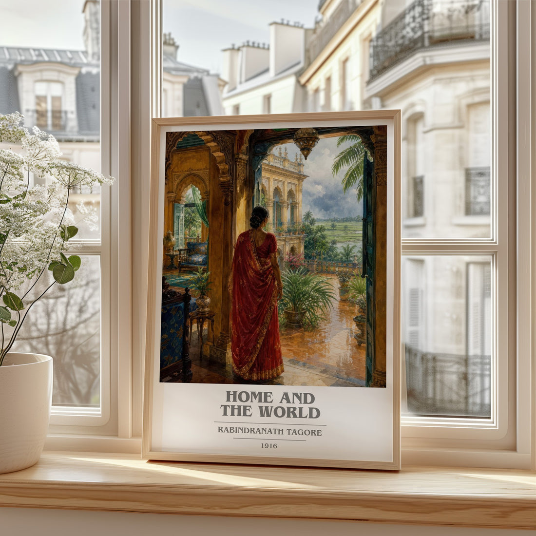 Home and the World book cover print in frame leaning in hallway – literary fiction wall art
