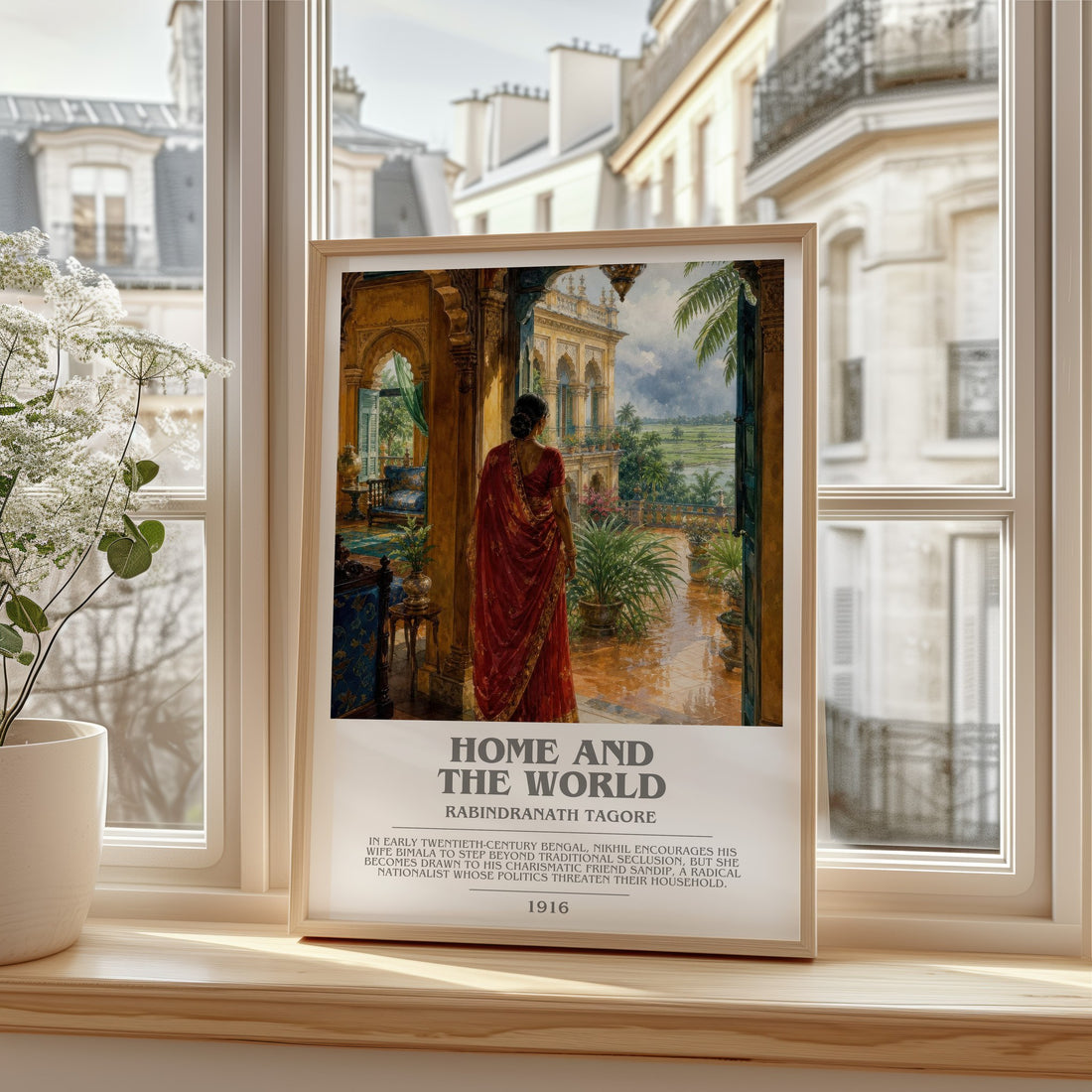 Home and the World bookish print in frame leaning in hallway – literary fiction wall art