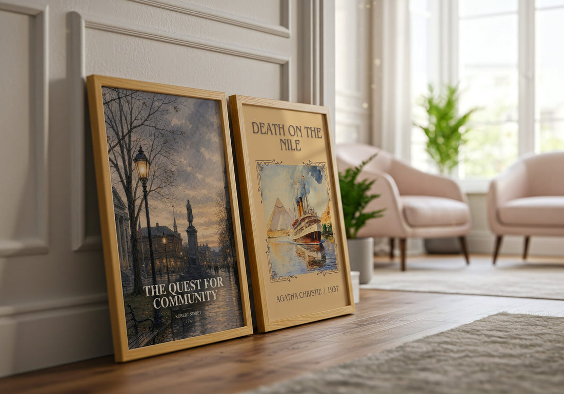 The Quest for Community watercolour print framed by window – literary home decor