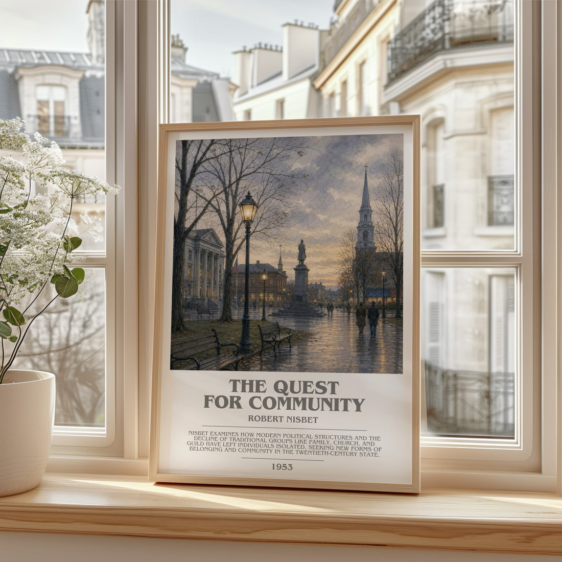 The Quest for Community bookish print in frame leaning in hallway – philosophy wall art