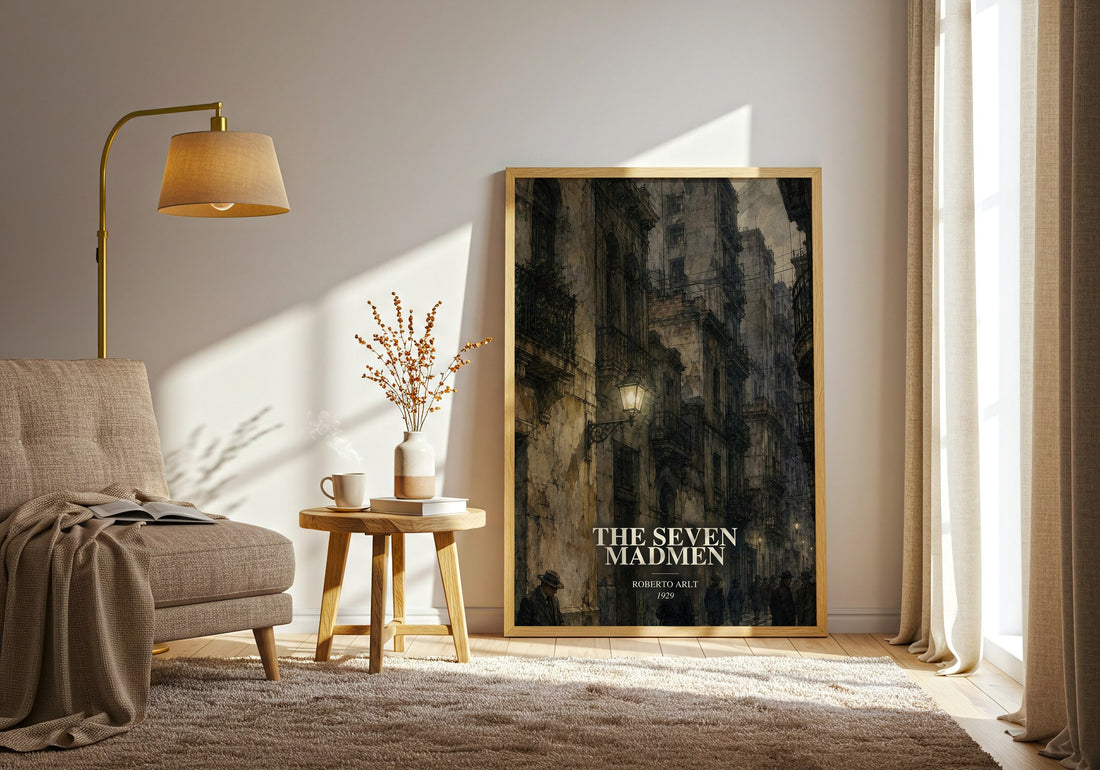 The Seven Madmen watercolour print in frame leaning in hallway – literary fiction wall art