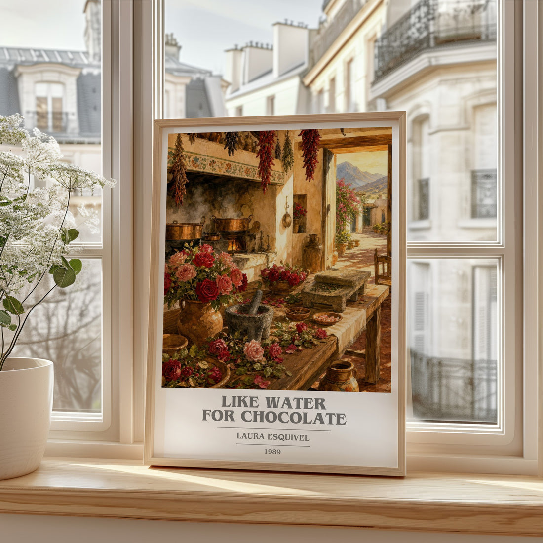 Like Water For Chocolate book cover print in frame leaning in hallway – literary fiction wall art