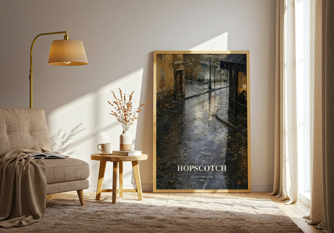 Hopscotch watercolour print in frame leaning in hallway – literary fiction wall art