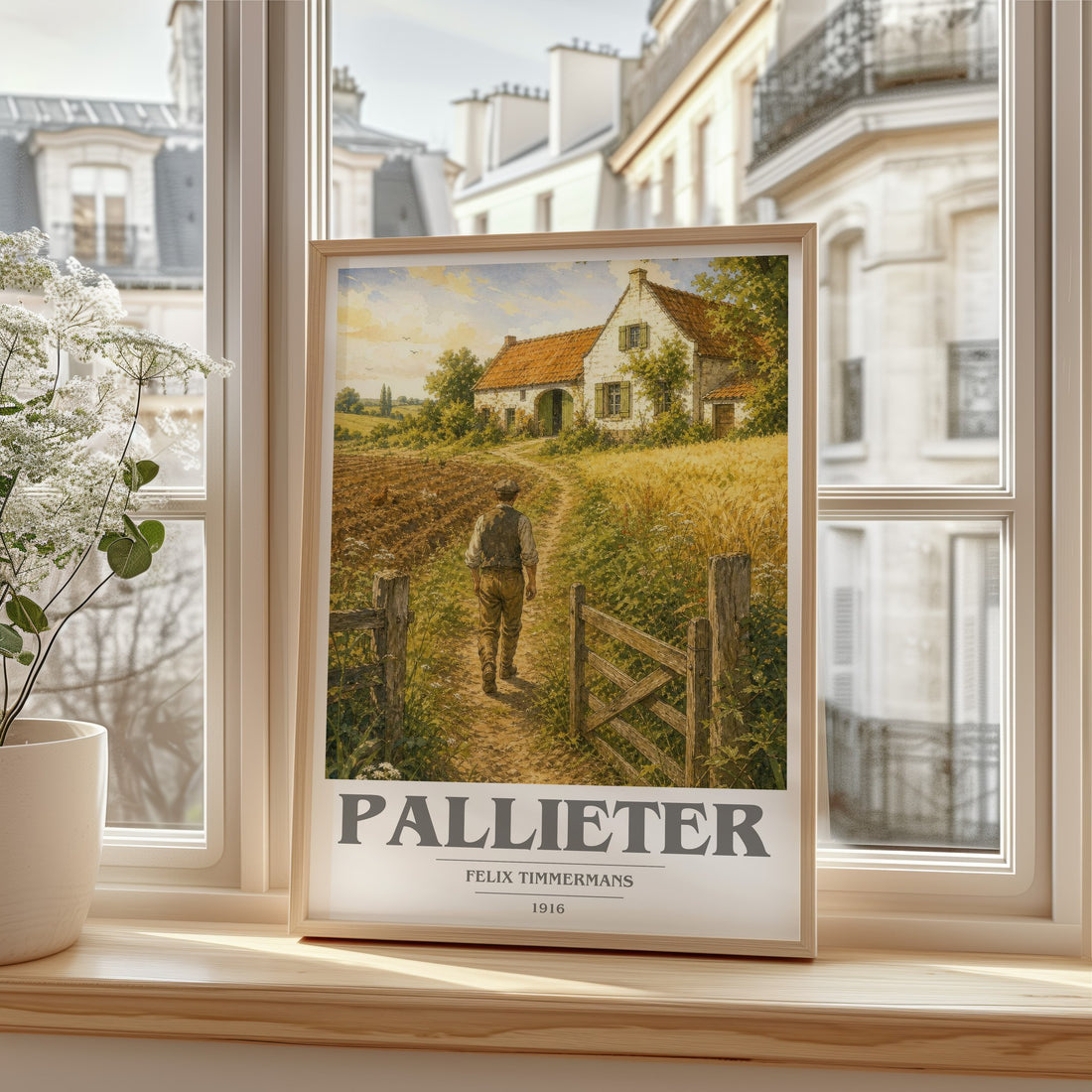 Pallieter book cover print in frame leaning in hallway – literary fiction wall art