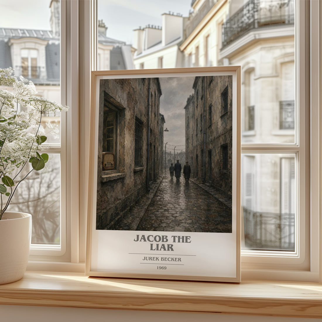 Jacob the Liar book cover print in frame leaning in hallway – historical fiction wall art