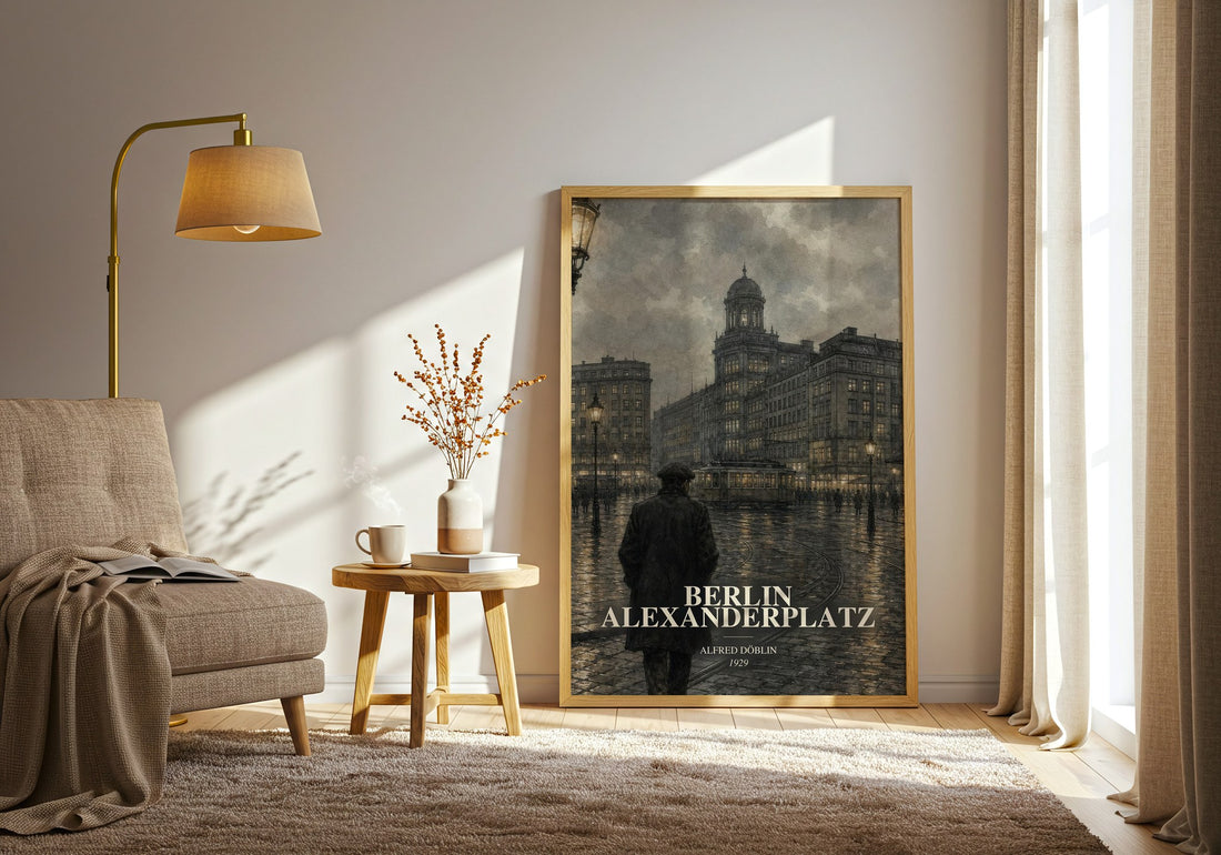 Berlin Alexanderplatz watercolour print in frame leaning in hallway – literary fiction wall art