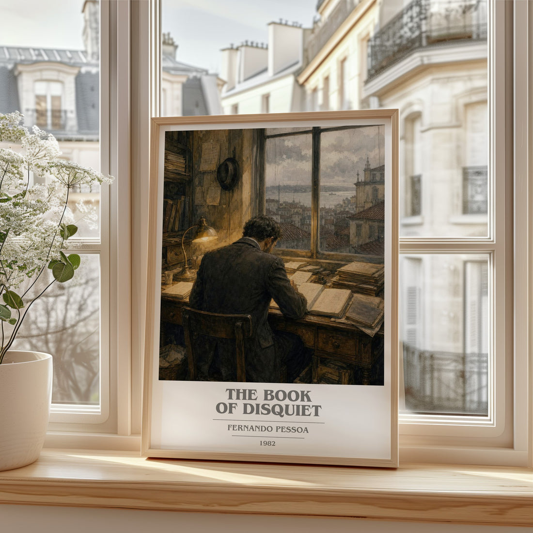 The Book of Disquiet book cover print in frame leaning in hallway – philosophy wall art