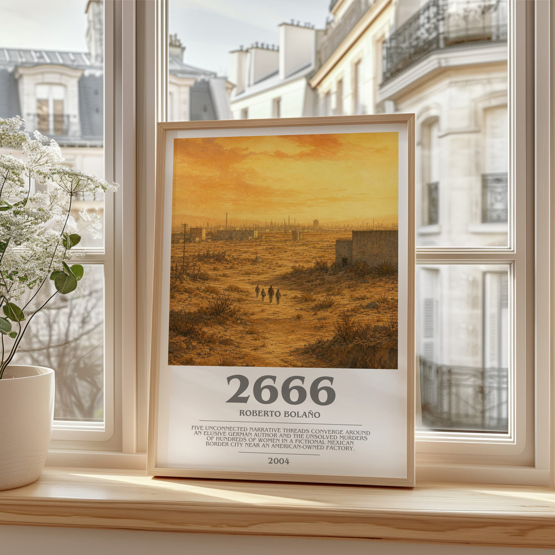 2666 bookish print in frame leaning in hallway – literary fiction wall art