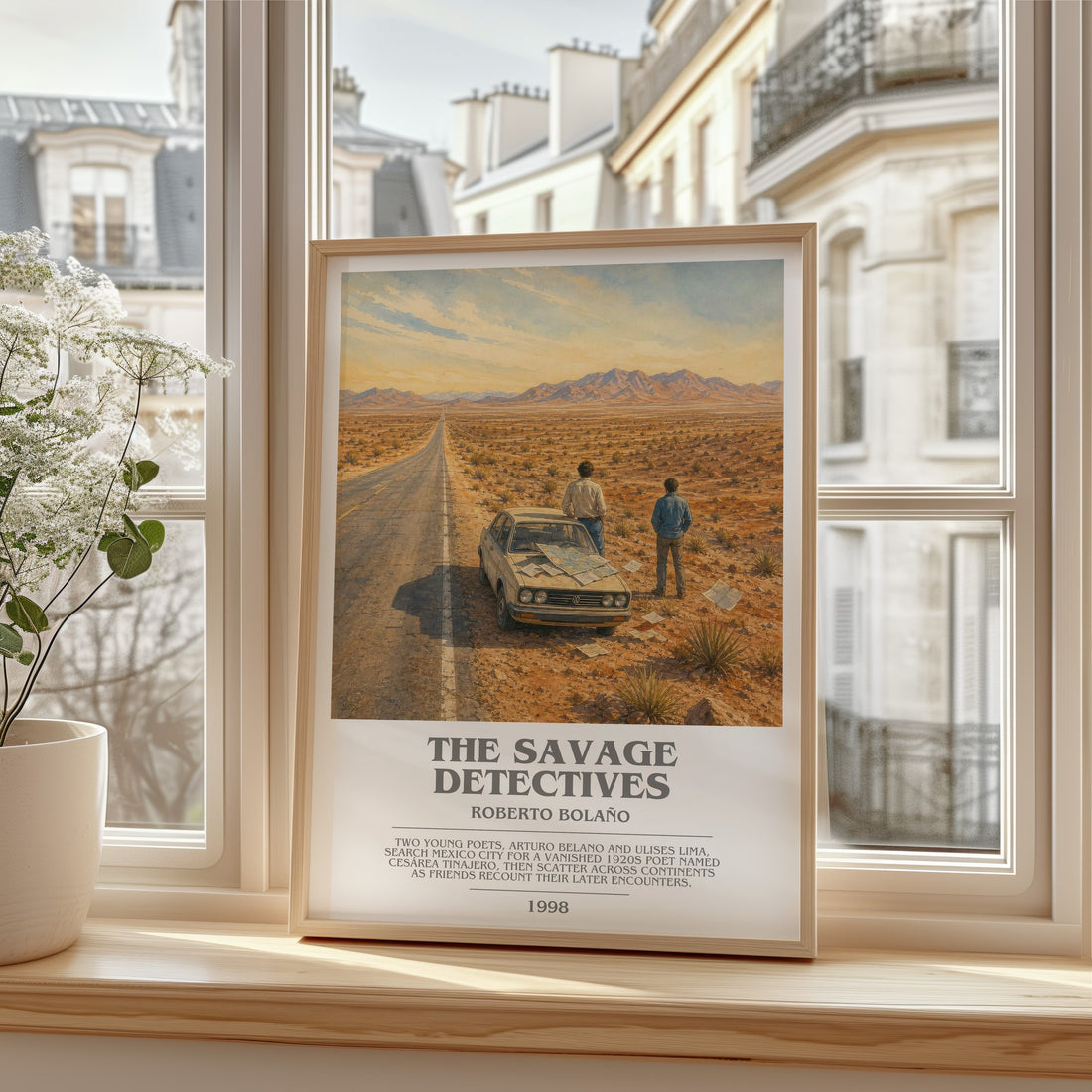 The Savage Detectives bookish print in frame leaning in hallway – literary fiction wall art