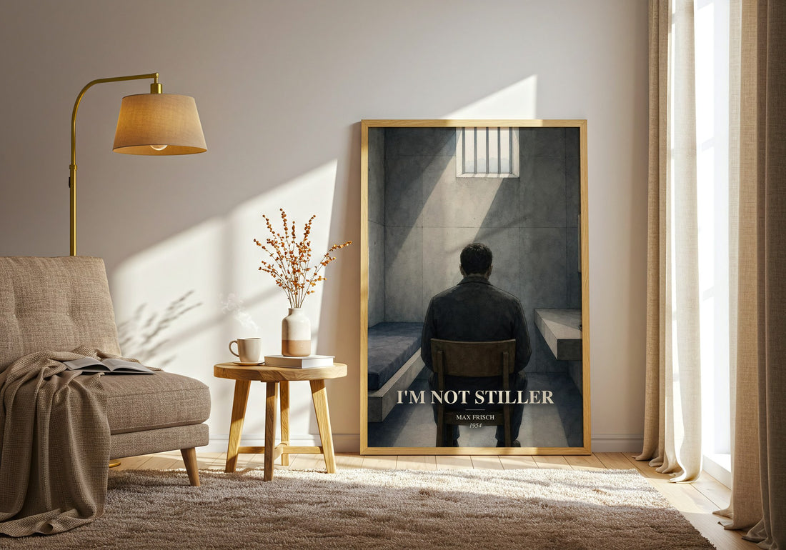 I'm Not Stiller watercolour print in frame leaning in hallway – literary fiction wall art