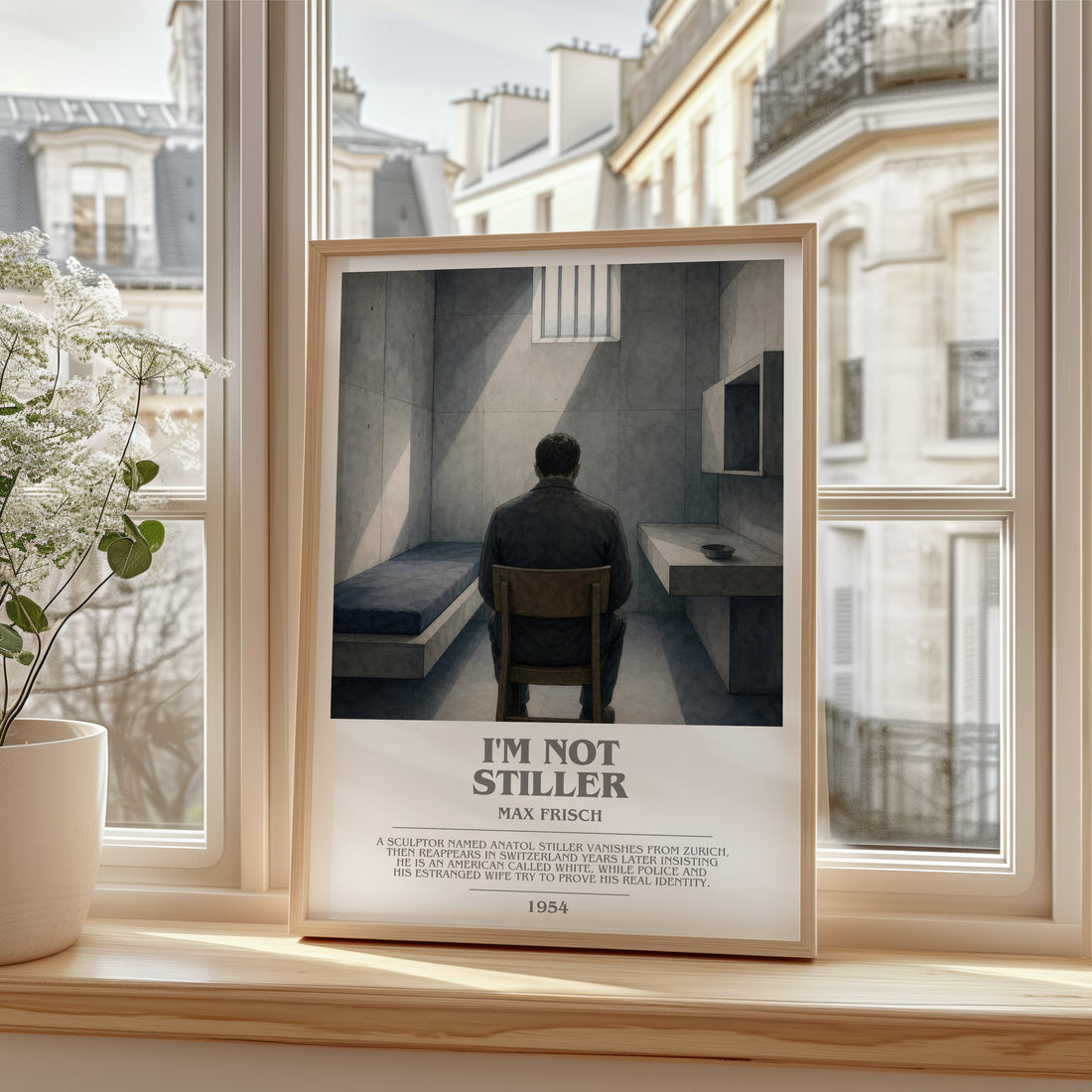 I'm Not Stiller bookish print in frame leaning in hallway – literary fiction wall art