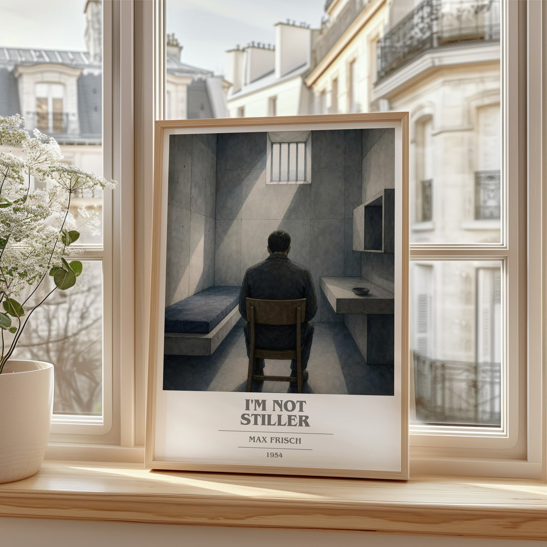 I'm Not Stiller book cover print in frame leaning in hallway – literary fiction wall art
