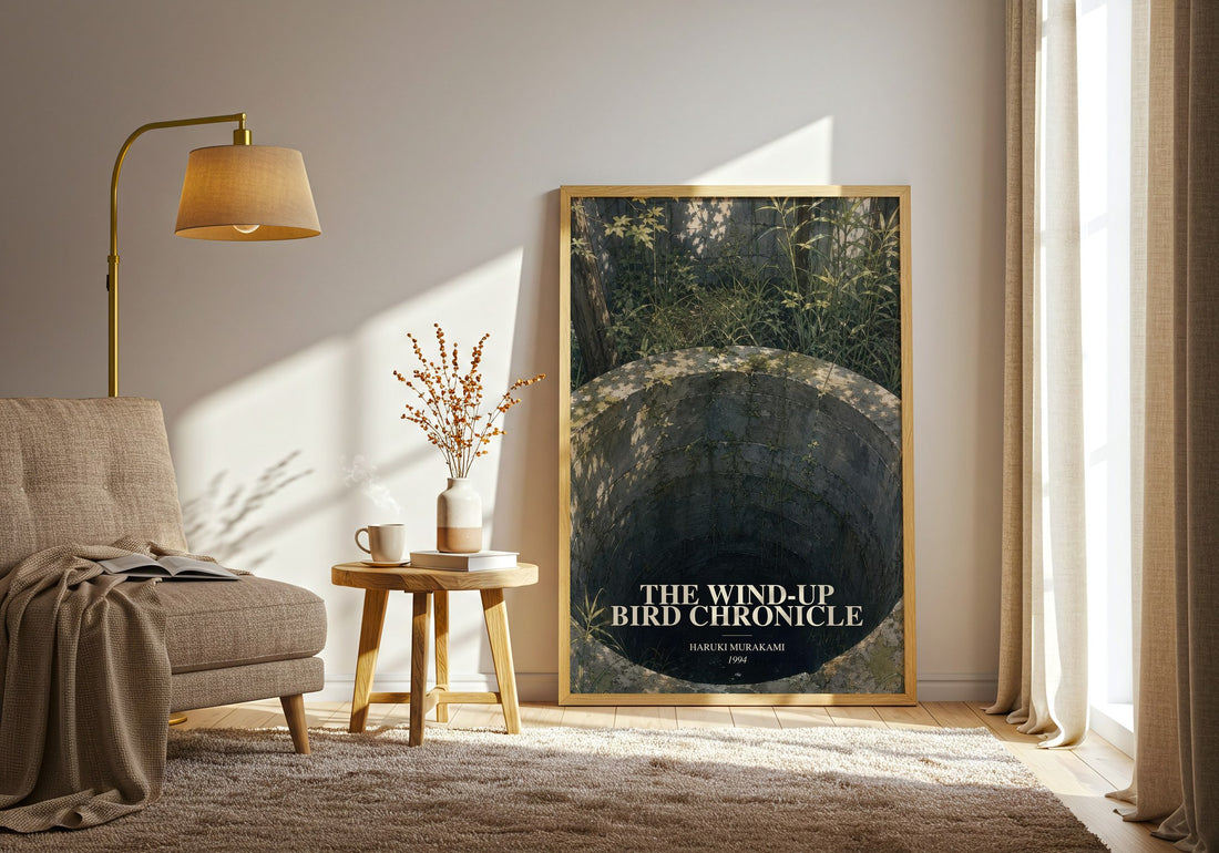 The Wind-Up Bird Chronicle watercolour print in frame leaning in hallway – literary fiction wall art