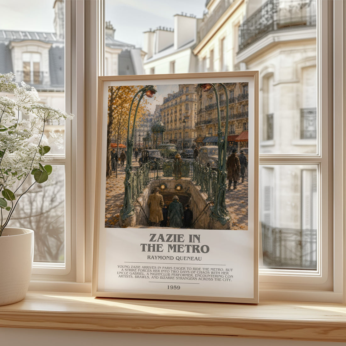 Zazie in the Metro bookish print in frame leaning in hallway – literary fiction wall art