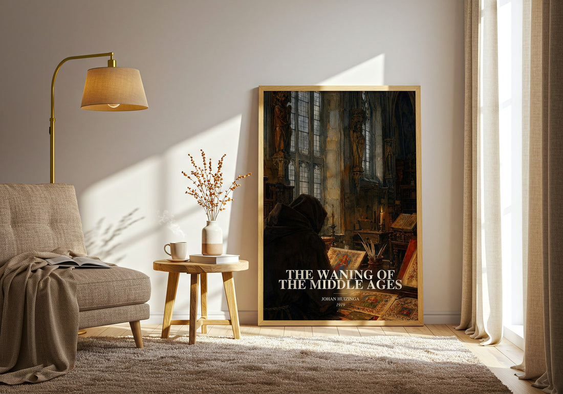 The Waning of the Middle Ages watercolour print in frame leaning in hallway – non fiction wall art