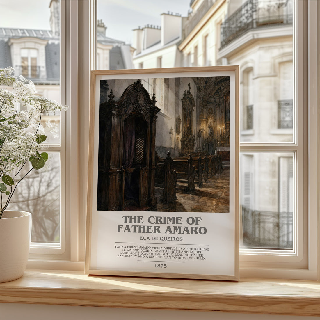 The Crime of Father Amaro Bookish Wall Art by Eça de Queirós – framed print by a bright window