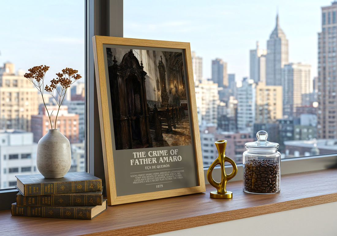 The Crime of Father Amaro Bookish Wall Art by Eça de Queirós – framed print on a city-view windowsill