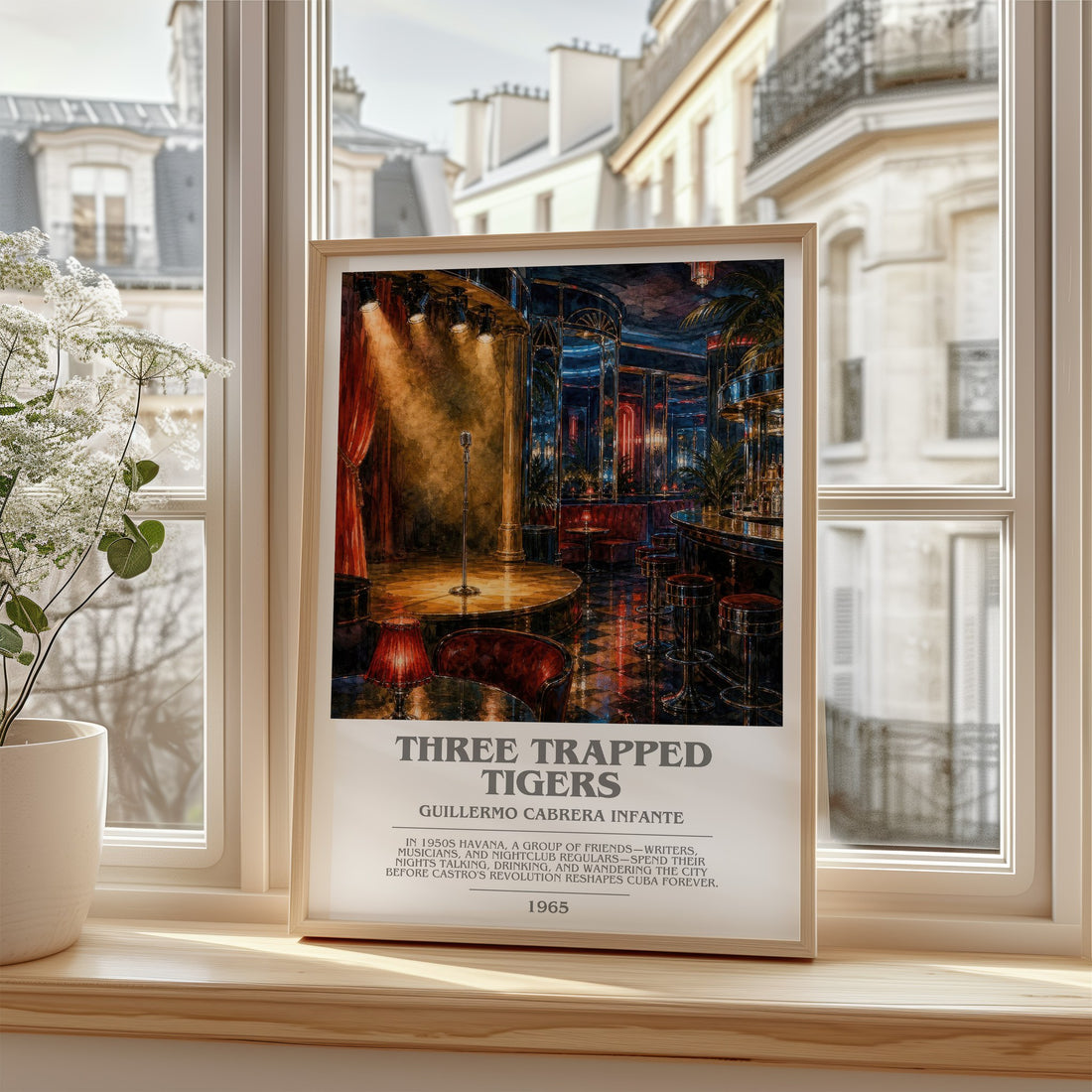 Three Trapped Tigers Bookish Wall Art by Guillermo Cabrera Infante – framed print by a bright window