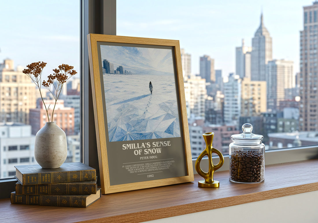 Smilla's Sense of Snow Bookish Wall Art by Peter Høeg – framed print on a city-view windowsill