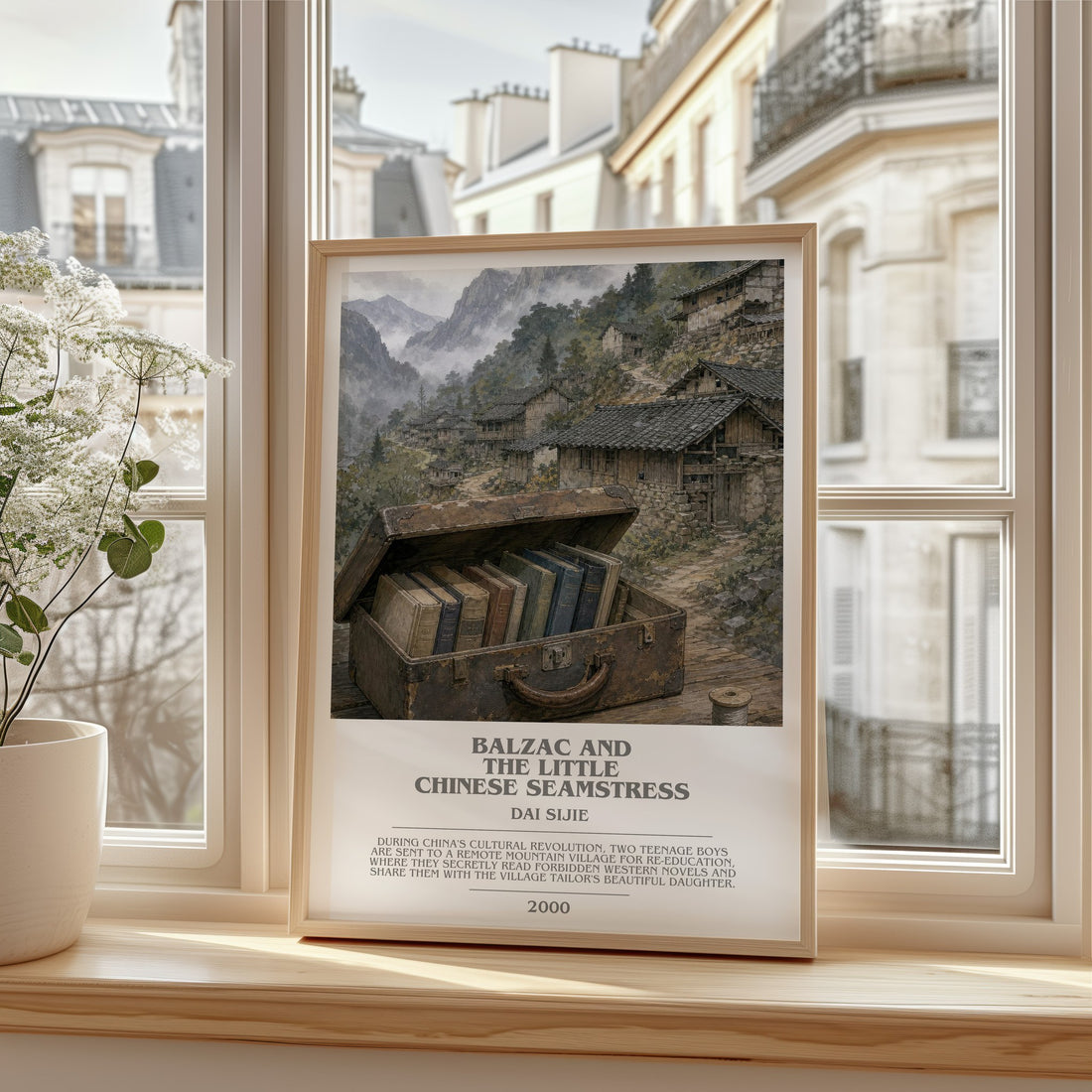 Balzac and the Little Chinese Seamstress bookish print in frame leaning in hallway – contemporary fiction wall art