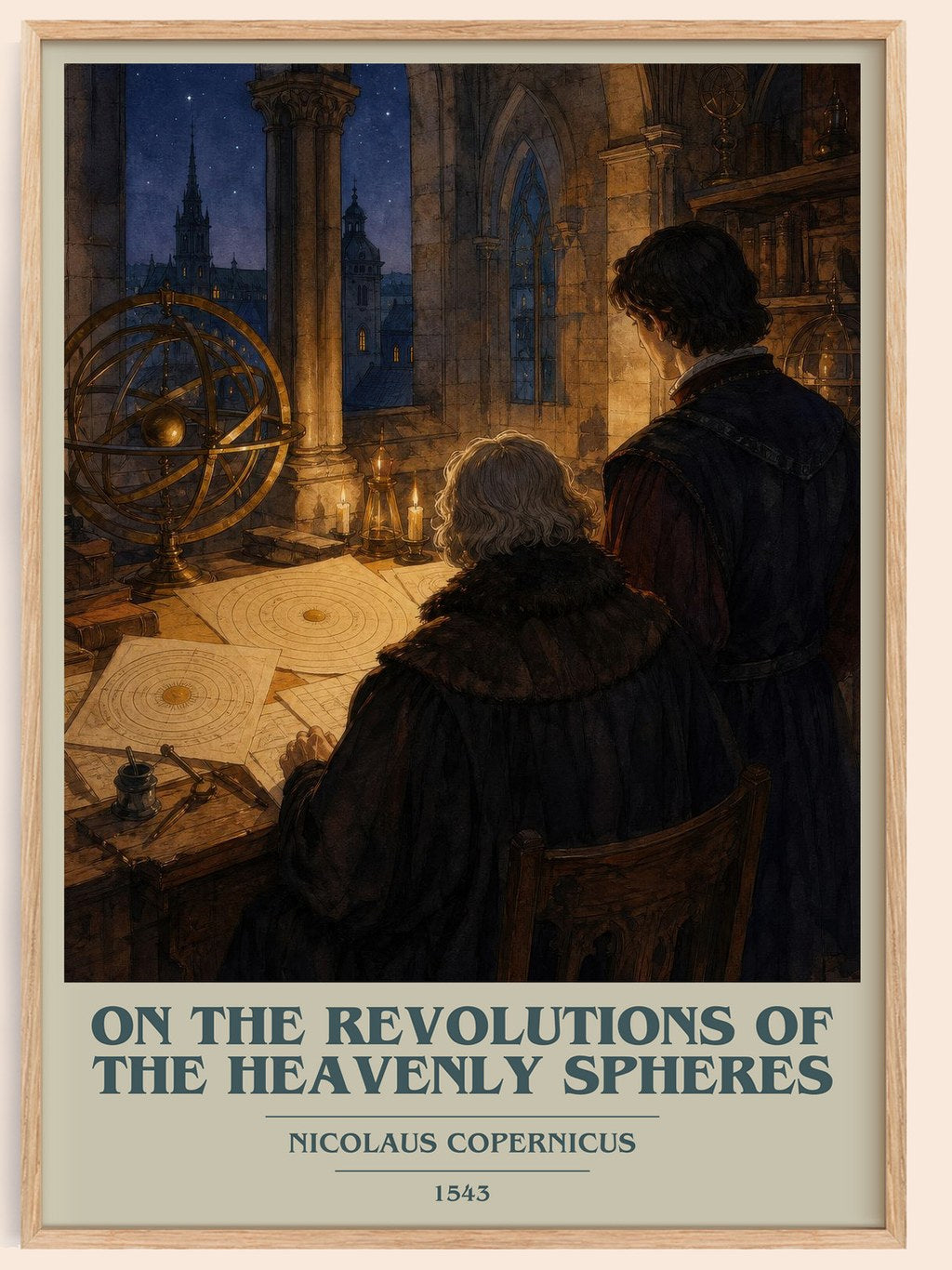 On the Revolutions of the Heavenly Spheres book cover book poster by Nicolaus Copernicus – framed literary art print