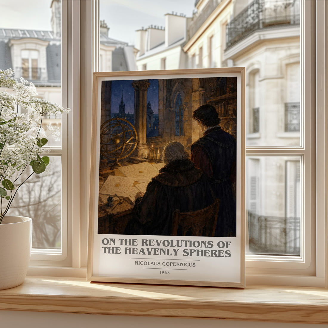 On the Revolutions of the Heavenly Spheres book cover print in frame leaning in hallway – non fiction wall art