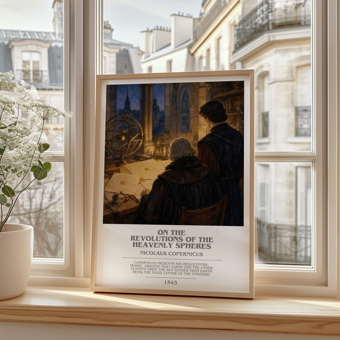 On the Revolutions of the Heavenly Spheres bookish print in frame leaning in hallway – non fiction wall art