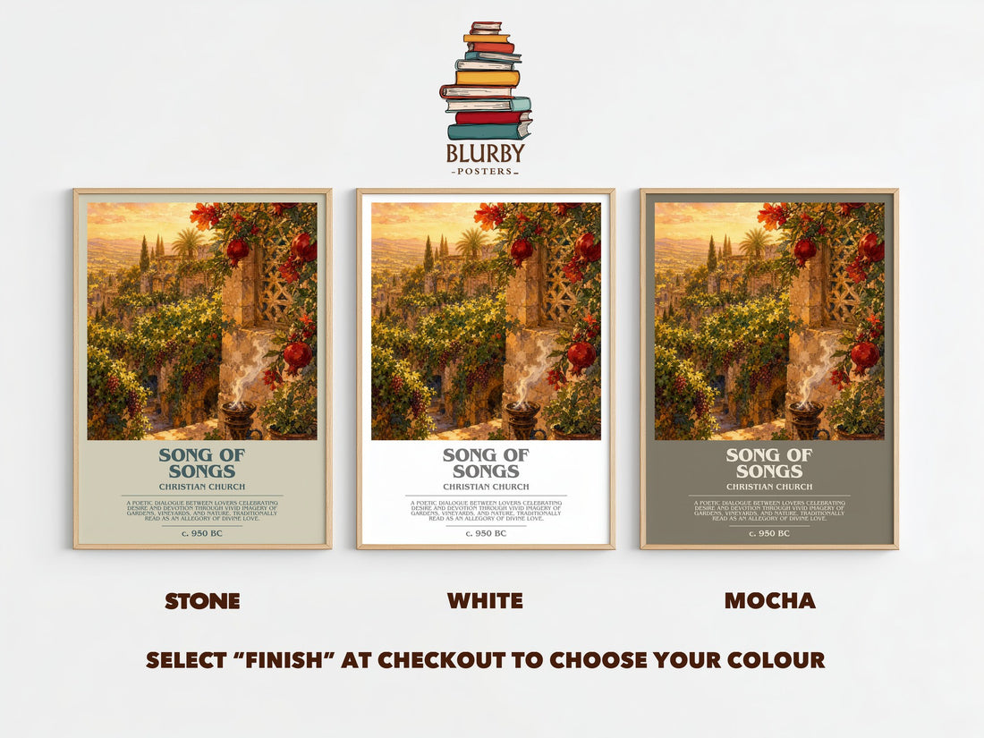 Song of Songs bookish print framed by window – Stone, White and Mocha side by side – choose your colour