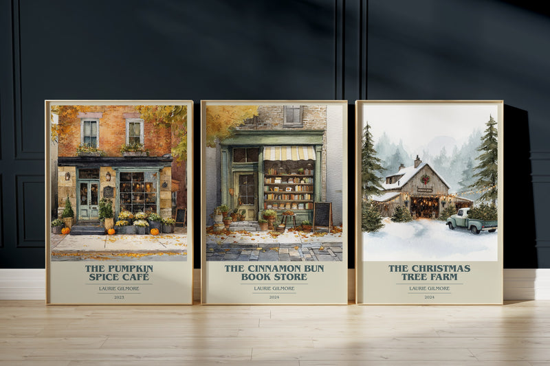 Dream Harbor Trio: The Pumpkin Spice Café, The Cinnamon Bun Book Store, The Christmas Tree Farm framed art prints