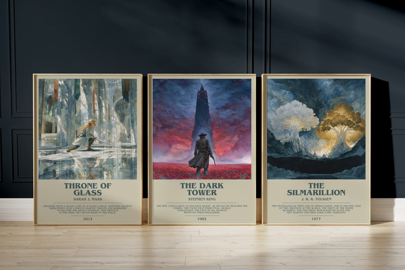 Epic Fantasy Trio: Throne Of Glass, The Dark Tower, The Silmarillion framed art prints
