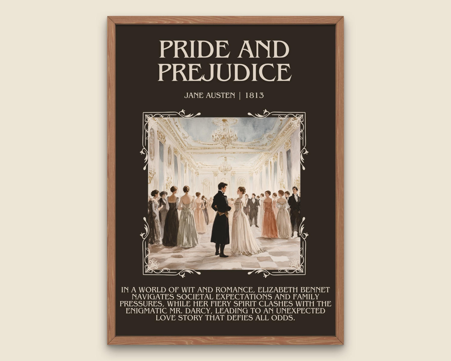 Pride and Prejudice by Jane Austin Descriptive, High Quality Poster Print. Free Delivery Wall Art. Author and Blurb Book Artwork