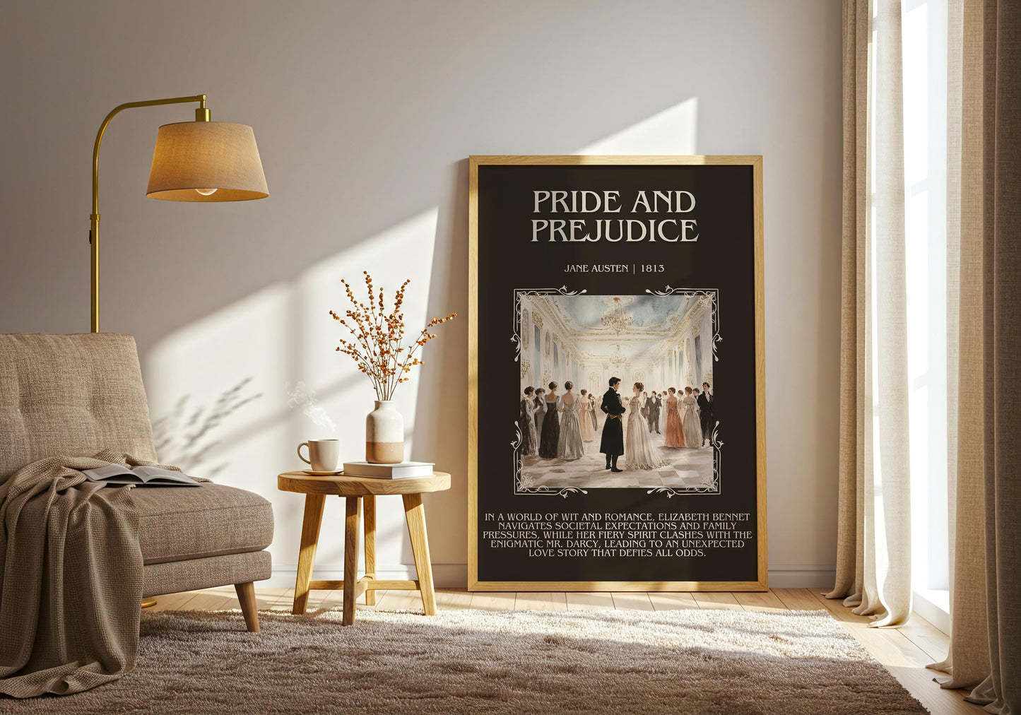 Pride and Prejudice by Jane Austin Descriptive, High Quality Poster Print. Free Delivery Wall Art. Author and Blurb Book Artwork