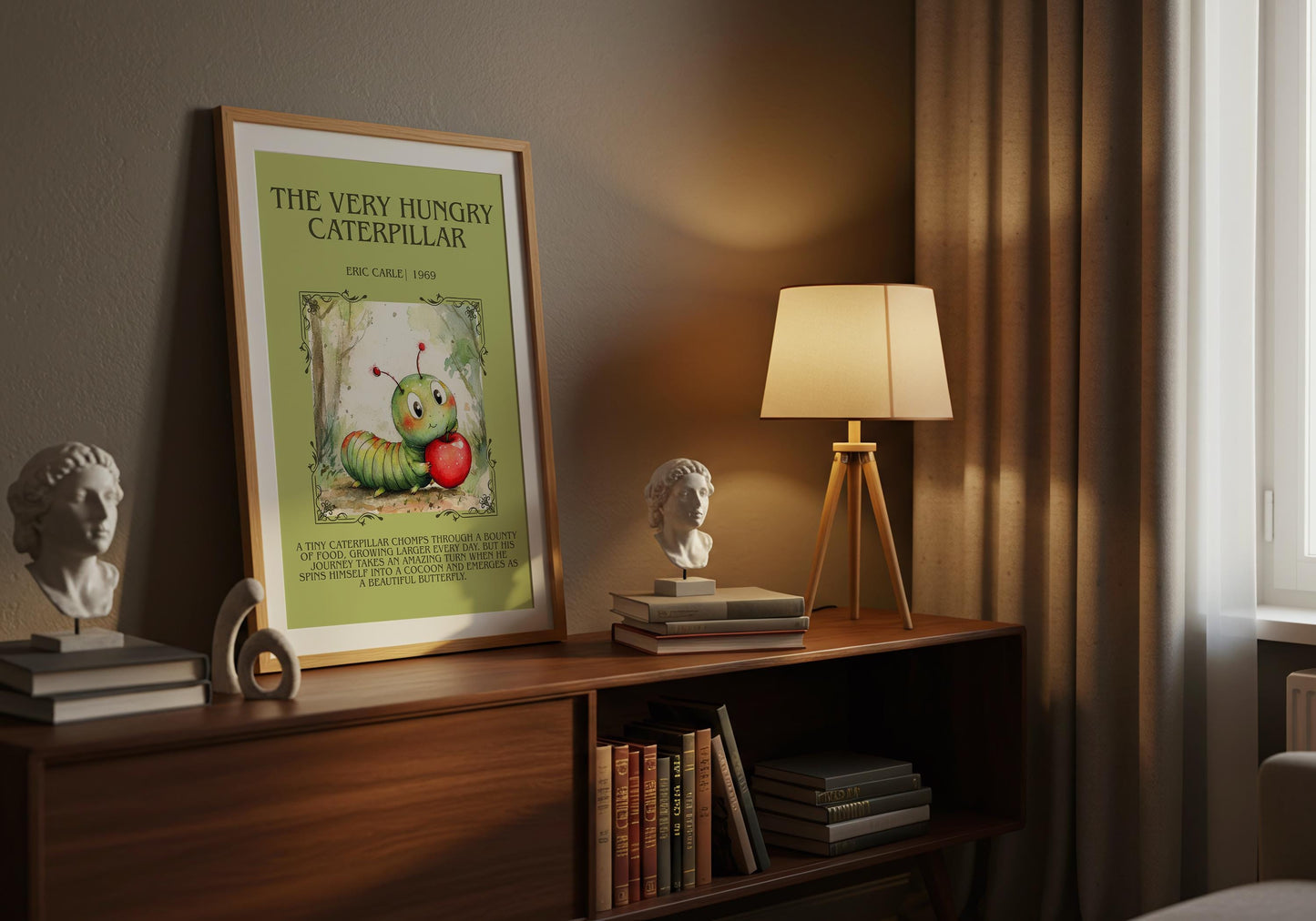 The Very Hungry Caterpillar by Eric Carle Descriptive, High Quality Poster. Fast, Free Delivery Wall Art. Author and Blurb Book Artwork