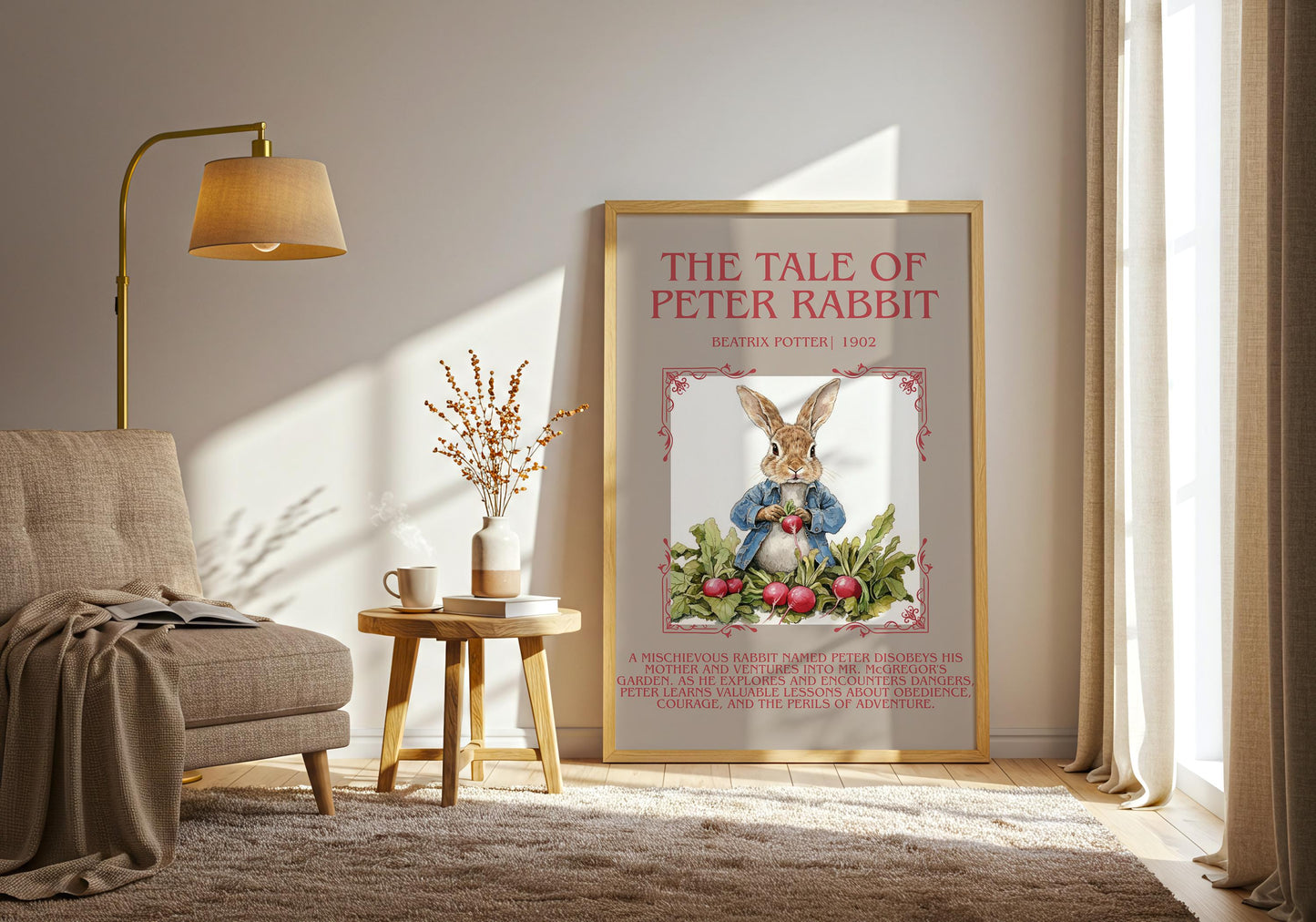 The Tale Of Peter Rabbit by Beatrix Potter Descriptive,High Quality Poster. Free Delivery Wall Art. Author and Blurb Book Artwork.Book Lover