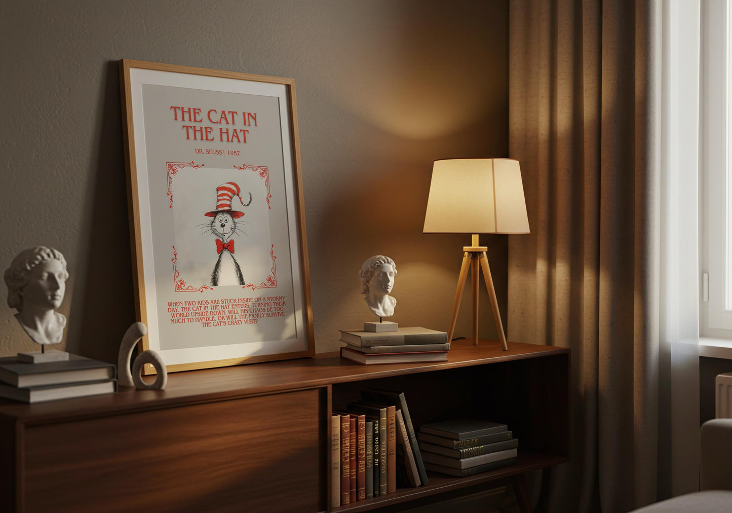 The Cat In The Hat by Dr. Seuss Descriptive, High Quality Poster Print. Free Delivery Wall Art.Author and Blurb Book Artwork