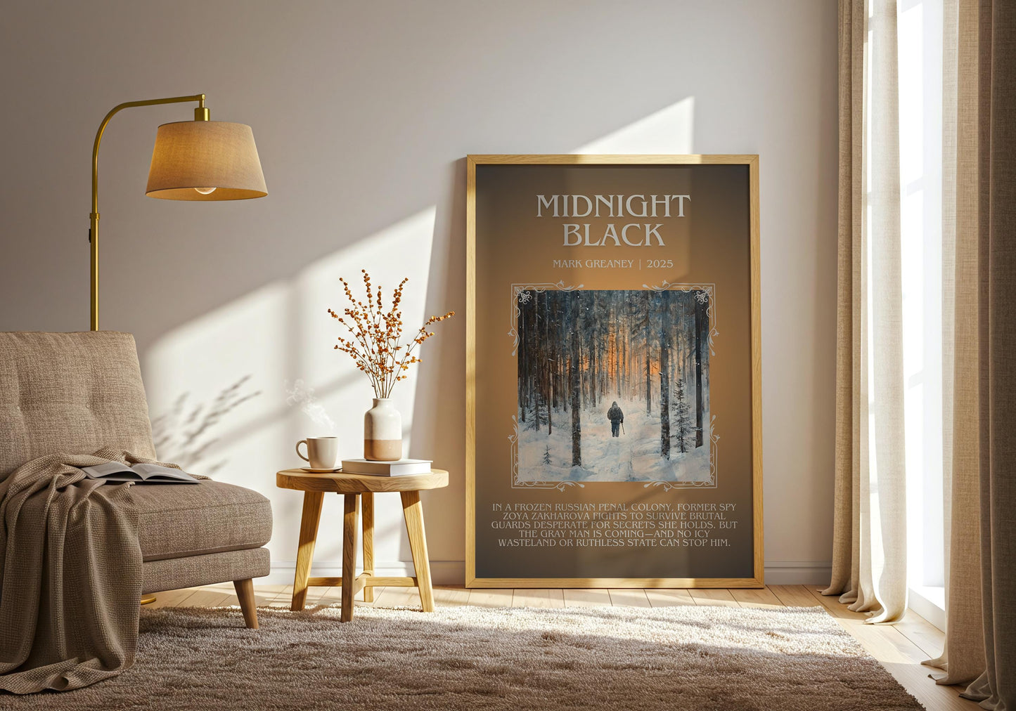 Midnight Black by Mark Greaney Descriptive, High Quality Poster Print.Free Delivery Wall Art.Author&Blurb Book Artwork. Book Summary Gift
