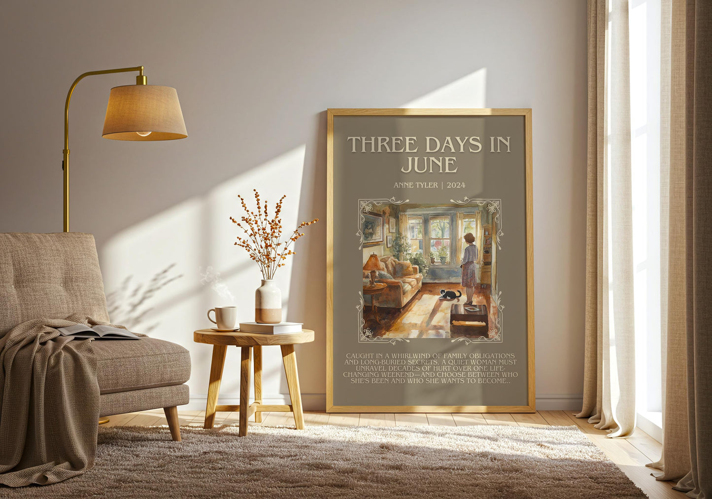 Three Days In June by Anne Tyler Descriptive, High Quality Poster Print.Free Delivery Wall Art.Author&Blurb Book Artwork. Summary Gift