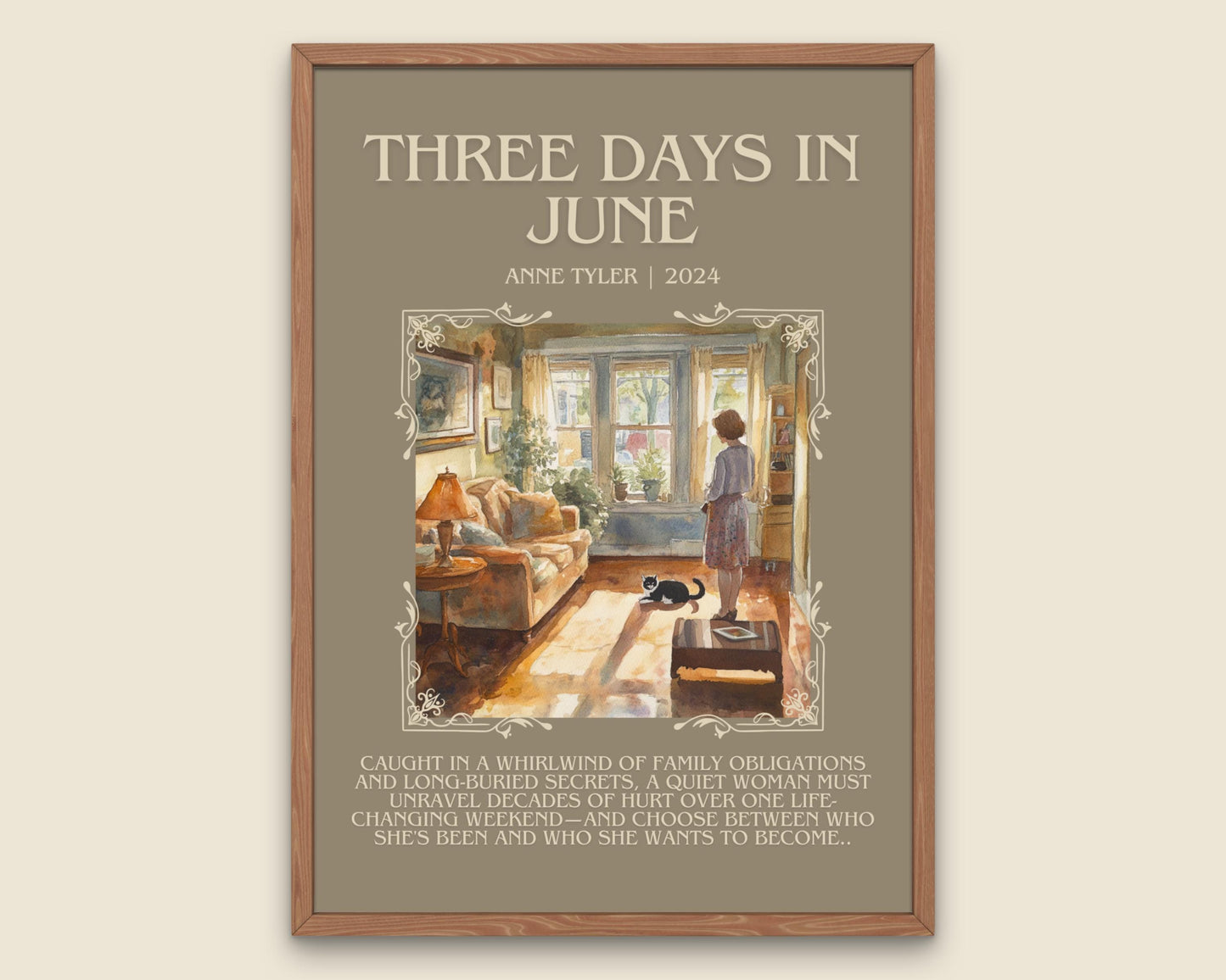 Three Days In June by Anne Tyler Descriptive, High Quality Poster Print.Free Delivery Wall Art.Author&Blurb Book Artwork. Summary Gift