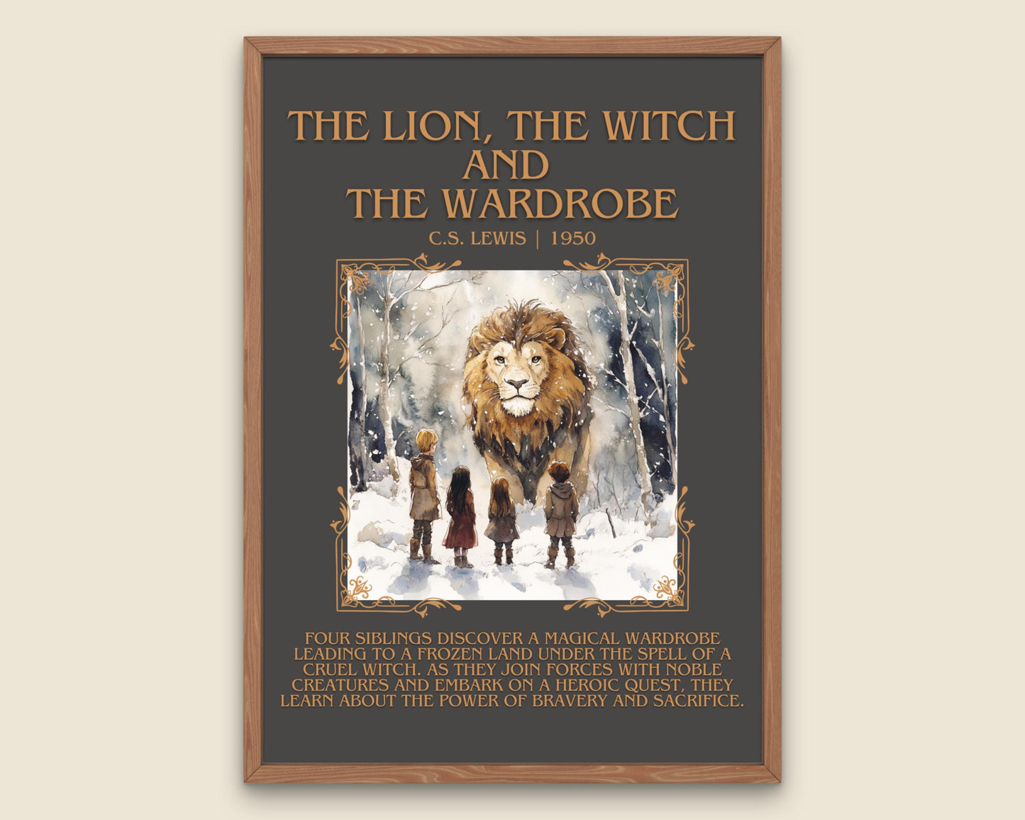The Lion, The Witch and The Wardrobe by C.S.Lewis Descriptive, High Quality Poster Print. Custom Wall Art. Author and Blurb Book Artwork