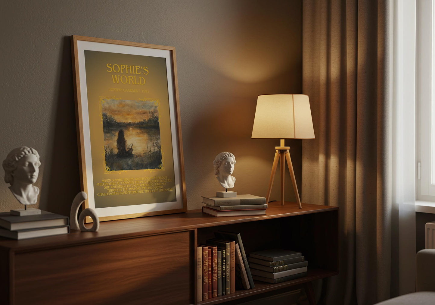 Sophie's World by Justein Gaarder Descriptive, High Quality Poster Print. Free Delivery Wall Art. Author and Blurb Book Artwork. Gift Art