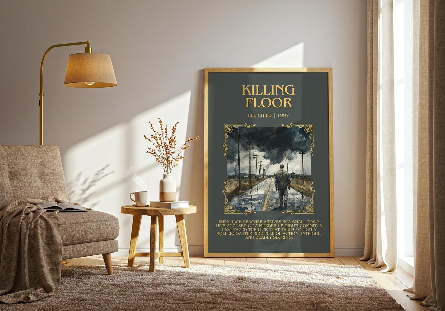 Killing Floor by Lee Child Descriptive, High Quality Poster Print. Free Delivery Wall Art.Author & Blurb Book Artwork. Book Summary Gift