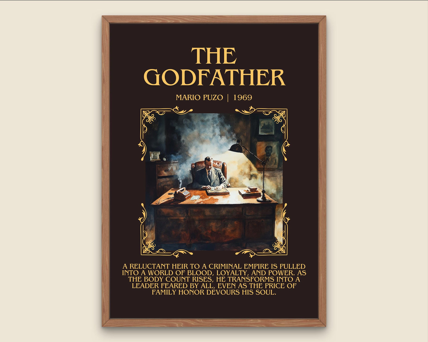 The Godfather by Mario Puzo Descriptive, High Quality Poster Print.Free Delivery Wall Art. Author&Blurb Book Library Nook Gift Movie