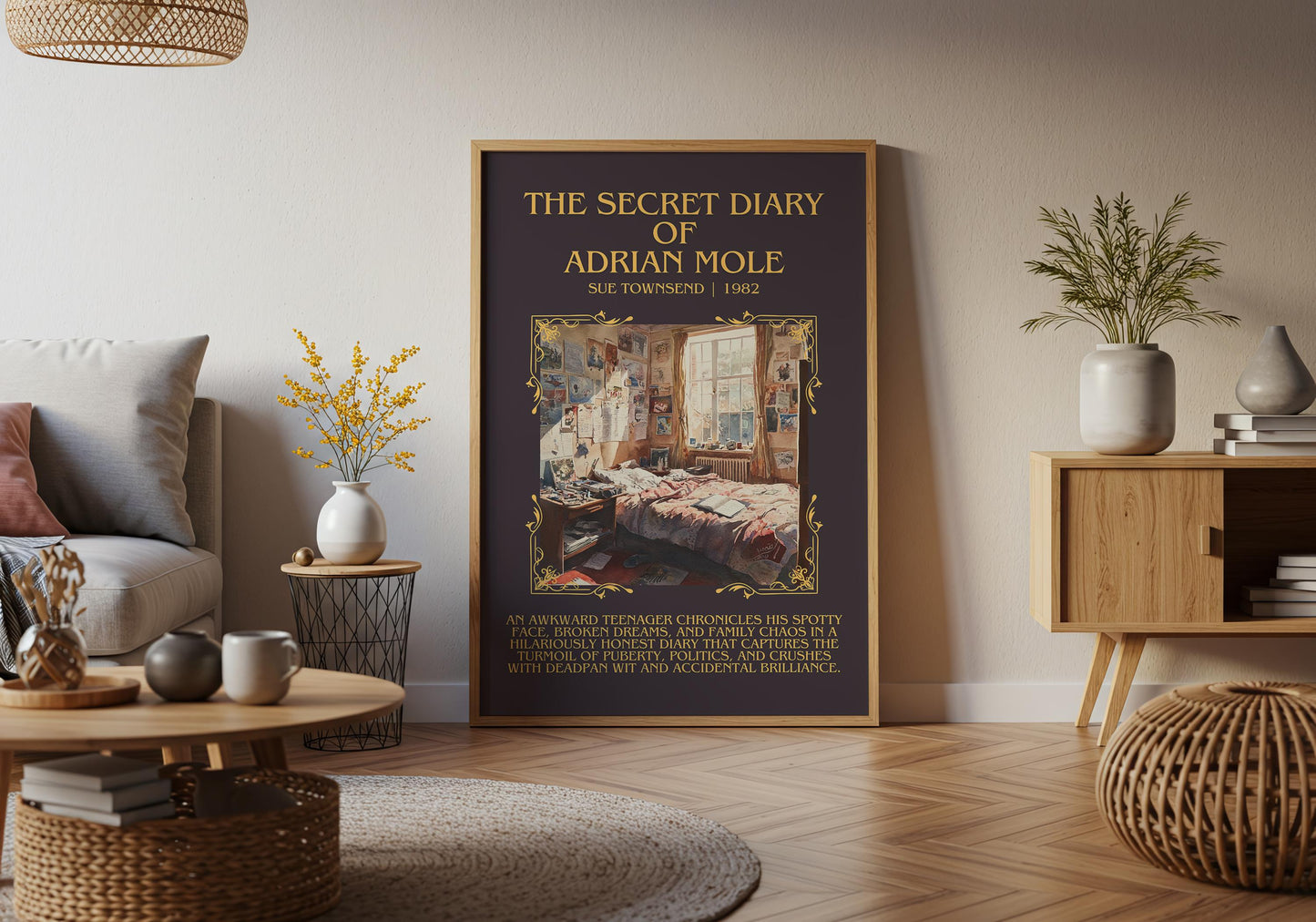 The Secret Diary Of Adrian Mole by Sue Townsend Descriptive, High Quality Poster Print.Free Delivery Wall Art. Author&Blurb Book Library
