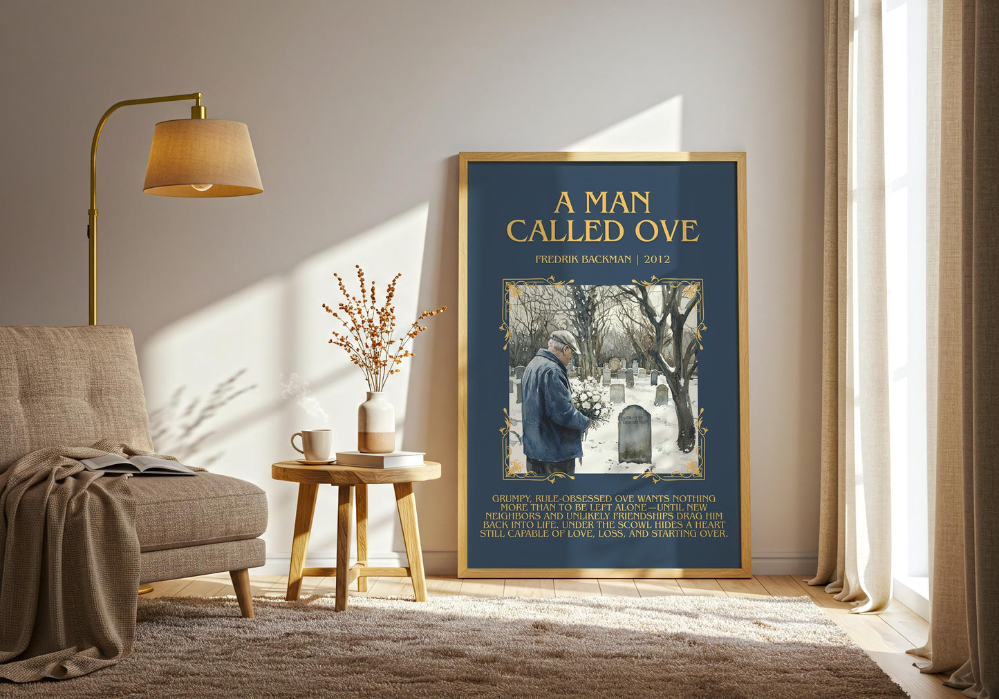A Man Called Ove by Fredrik Backman Descriptive, High Quality Poster Print.Free Delivery Wall Art. Author&Blurb Book Library Nook Gift