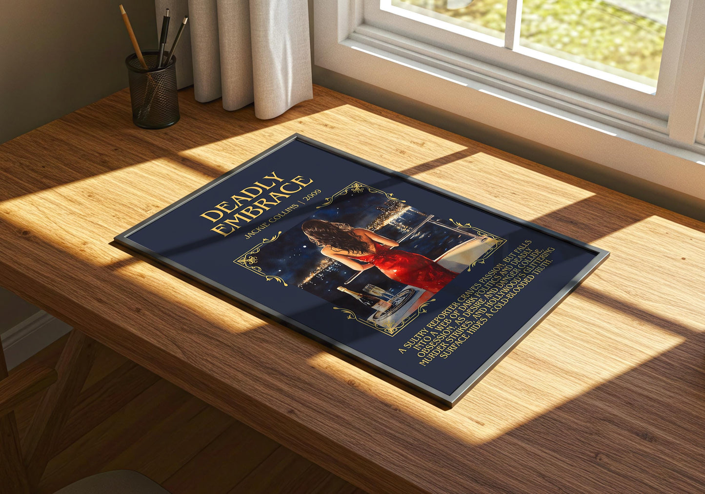 Deadly Embrace by Jackie Collins Descriptive, High Quality Poster Print.Free Delivery Wall Art.Author&Blurb Book Library Nook Gift