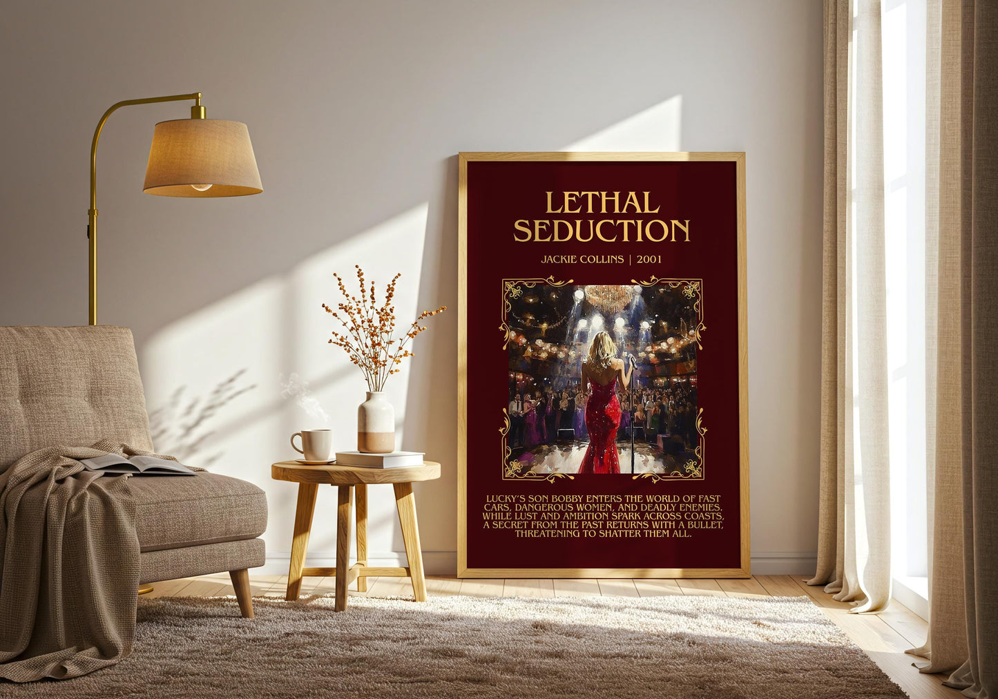 Lethal Seduction by Jackie Collins Descriptive, High Quality Poster Print.Free Delivery Wall Art.Author&Blurb Book Nook Gift Library