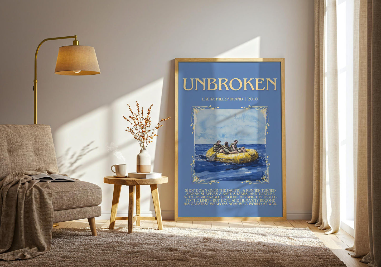 Unbroken by Laura Hillenbrand Descriptive, High Quality Poster Print.Free Delivery Wall Art.Author&Blurb Book Nook Gift Library