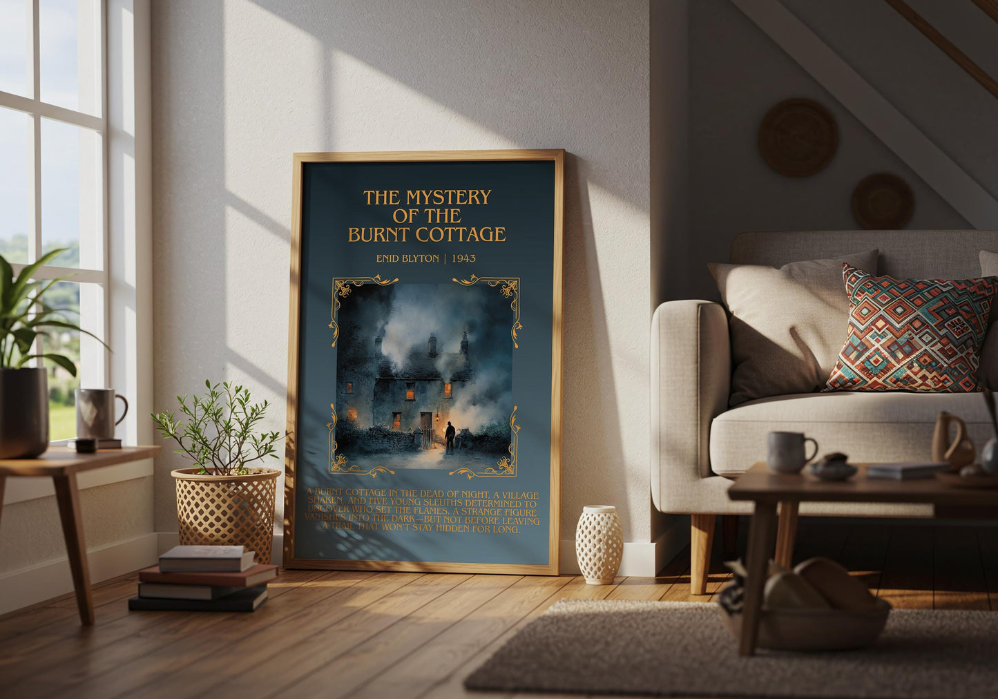 The Mystery Of The Burnt Cottage by Enid Blyton Descriptive, High Quality Poster Print.Free Delivery Wall Art.Author&Blurb Book Nook Gift
